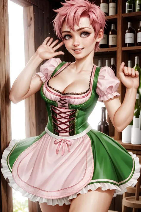 Helena from Brazil, (short-cut:1.2) buzzcut [blonde:pink:.3] hair, <lora:Dirndl_v1:0.8> dirndl, <lora:make25d_type1_v100:0.8>