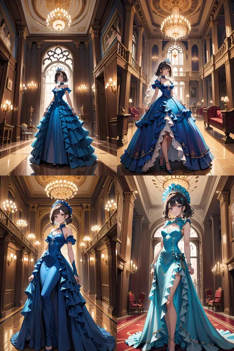 (cowboy shot), (dynamic angle), Ruffled Dresses, (The great hall of the mansion), tiara, Luxurious interior, looking at viewer,