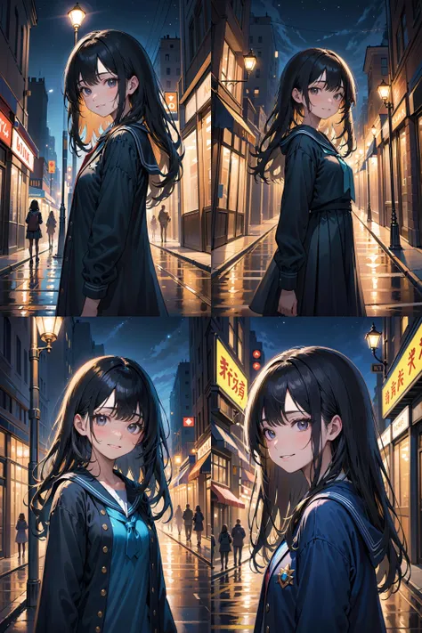 1girl, solo, , cowboy shot, (depth of field:1.2), (night), downtown, (street light:1.1), (Fantastic lighting), looking at viewer, (school uniform), black hair, long hair, [smile], (Closed mouth)