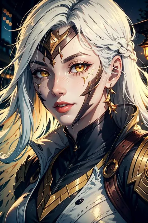 Young guy, Thin body, Scientist. white colored hair, Average length, tousled hair. Amber-colored eyes. Golden glow of the eyes. pale skin, Skin like a dead man's. sharp facial features, Without bristles. pronounced cheekbones. Conducts experiments in the laboratory. Dark Fantasy. Detailed background, Detailed image, Detail Eyes. deranged look. mockery. Yellow eyes. Evil Look. explosion.