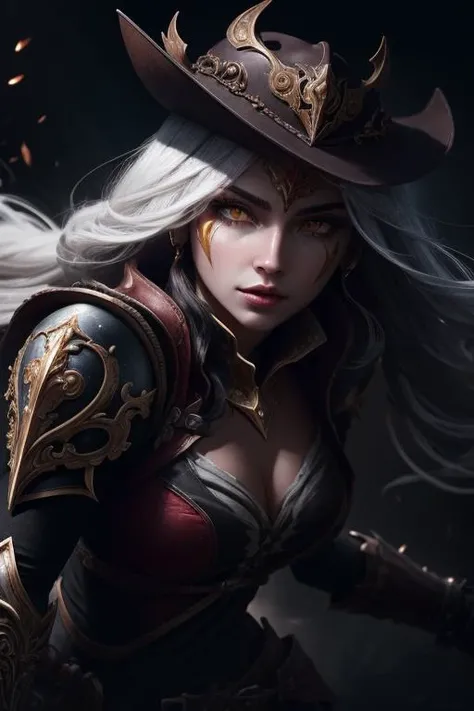 ((masterpiece, ultra detailed)), concept art, illustration, digital art, 1girl, solo, mature woman, <lora:Highnoon_Ashe_V1:1>, Highnoon_Ashe, yellow_eyes, white hair, long hair, armor, hat, ((stunningly beautiful)), medium breasts, beautiful eyes, beautiful body, dynamic pose, battle-stance ready, stylish pose, <lora:lowra:0.8>, dark theme, backlight, cinematic lighting, soft lighting, natural lighting, dramatic lighting, dark lighting, (ornate), intricate, highly detailed, hyper realistic, trending on artstation, award winning, fascinating, elegant, RAW photo, absurdres, highres, 4k, studio quality, octane render, 8k uhd, close-up