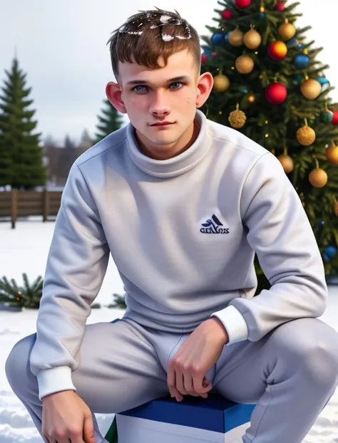 (vitalik:1.2), vpl, ChavAlpha, front view, (masterpiece), high details, ultra-realistic, (a chav 20yo male), xmas theme, looking at viewer, sitting legs apart, blurry background, in the snow, best light, white background, beard+, bulge, adidas