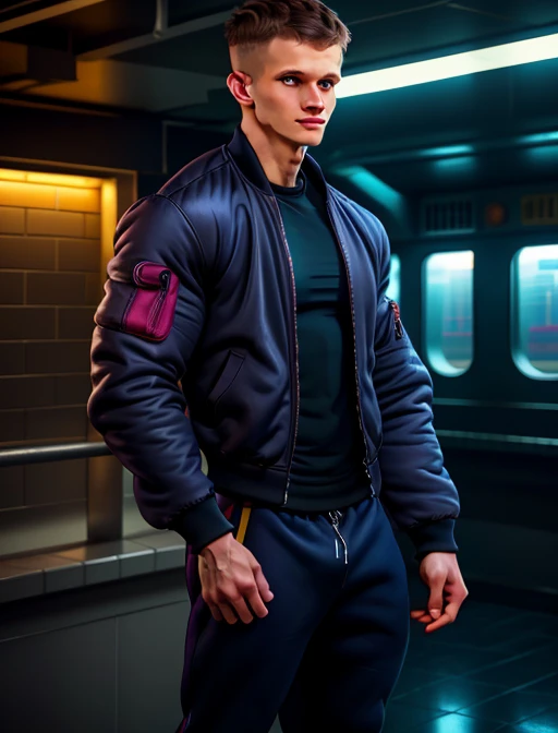 (vitalik:1.2), 1man, muscular male, (photo realistic), wide angle, long shot, (skinny, young male:1.2), scally, chav, proll, smirk, tattoos, open bomber jacket, sweatpants, sneakers, subway station (extremely intricate:1.2), dark lighting, dark colors, mystery, atmospheric, ultra high res, 8k uhd, intricate details, best face, best eyes, best hands, best quality, delicate, detailed face, detailed eyes, masterpiece, film grain, ChavAlpha, skinny, BrutalMass