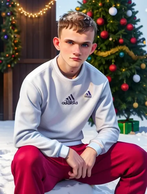 (vitalik:1.2), vpl, ChavAlpha, front view, (masterpiece), high details, ultra-realistic, (a chav 20yo male), xmas theme, looking at viewer, sitting legs apart, blurry background, in the snow, best light, white background, beard+, bulge, adidas