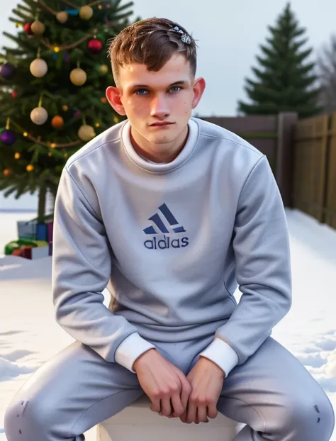 (vitalik:1.2), vpl, ChavAlpha, front view, (masterpiece), high details, ultra-realistic, (a chav 20yo male), xmas theme, looking at viewer, sitting legs apart, blurry background, in the snow, best light, white background, beard+, bulge, adidas