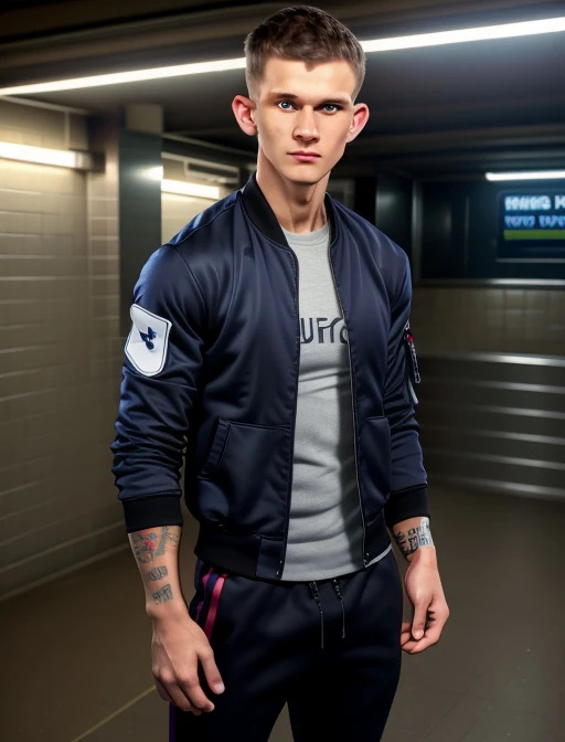 (vitalik:1.2), 1man, muscular male, (photo realistic), wide angle, long shot, (skinny, young male:1.2), scally, chav, proll, smirk, tattoos, open bomber jacket, sweatpants, sneakers, subway station (extremely intricate:1.2), dark lighting, dark colors, mystery, atmospheric, ultra high res, 8k uhd, intricate details, best face, best eyes, best hands, best quality, delicate, detailed face, detailed eyes, masterpiece, film grain, ChavAlpha, skinny, BrutalMass