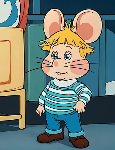 cartoon character mouse, cute hero mouse, big ears, blonde hair, blue eyes, mouse ears, mustache, solo, striped shirt, toon_\(style\), tpggio, full body <lora:tpggio:0.7>, (illustration), (anime), cartoon, detailed, RAW, Nikon D850