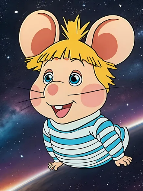 (anime style) smiling, cartoon character mouse, cute space mouse, big ears, blonde hair, blue eyes, mouse ears, mustache, solo, striped shirt, toon_\(style\), tpggio, full body <lora:tpggio:0.7> flying in the air, city, <lora:add_sharpness:0.7>, Nikon D850