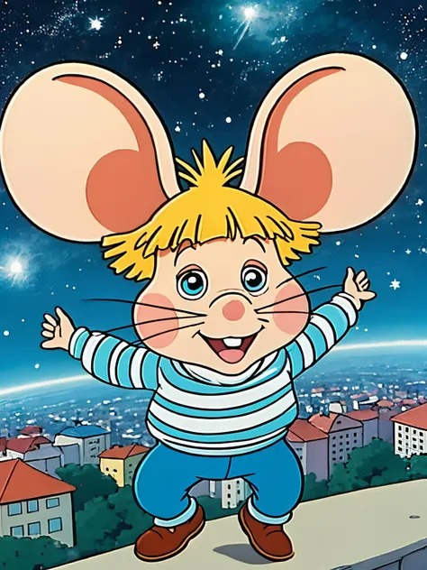 (anime style) smiling, cartoon character mouse, cute space mouse, big ears, blonde hair, blue eyes, mouse ears, mustache, solo, striped shirt, toon_\(style\), tpggio, full body <lora:tpggio:0.7> flying in the air, city, <lora:add_sharpness:0.7>, Nikon D850
