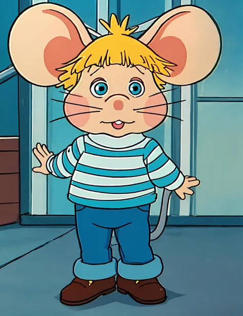 cartoon character mouse, cute hero mouse, big ears, blonde hair, blue eyes, mouse ears, mustache, solo, striped shirt, toon_\(style\), tpggio, full body <lora:tpggio:0.7>, (illustration), (anime), cartoon, detailed, RAW, Nikon D850