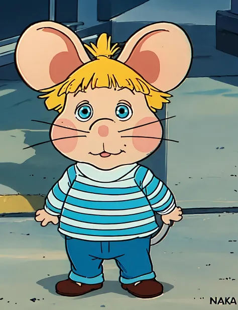 cartoon character mouse, cute hero mouse, big ears, blonde hair, blue eyes, mouse ears, mustache, solo, striped shirt, toon_\(style\), tpggio, full body <lora:tpggio:0.7>, (illustration), (anime), cartoon, detailed, RAW, Nikon D850