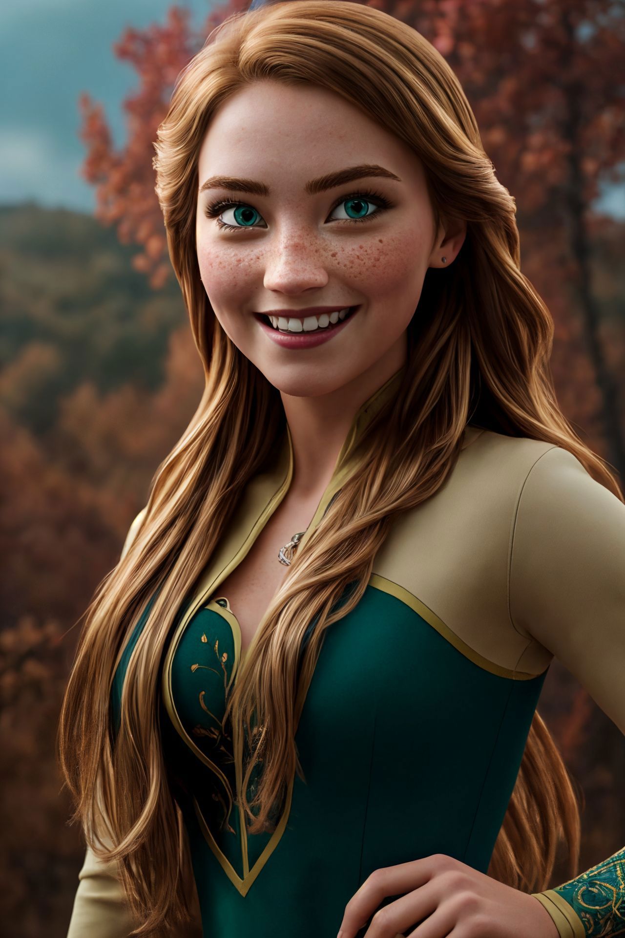 A woman with long hair and green dress posing for a picture - SeaArt AI