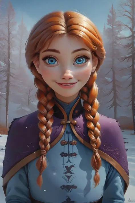 zPDXL,<lora:anna:.8>, <lora:1dkXLP:.6>,<lora:Concept Art Twilight Style SDXL_LoRA_Pony Diffusion V6 XL:.9>
anna, blue eyes, orange hair, twin braids, blue dress, purple capelet, long sleeves, looking at viewer, smiling, upper body shot, standing, outside, grass, pond, snow, trees, blue sky,
