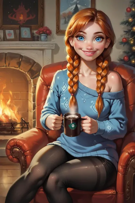 zPDXL,<lora:anna:.8>, <lora:1dkXLP:.6>,<lora:Concept Art Twilight Style SDXL_LoRA_Pony Diffusion V6 XL:.9>
anna, blue eyes, orange hair, twin braids, off shoulder sweater, small breasts, black leggings, socks, looking at viewer, smiling, happy, sitting, on chair, inside cozy living room, fireplace, holding cup of hot chocolate, night time, shelf, window, snow,