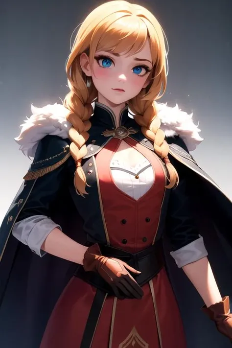 (masterpiece:1.2), (best quality), highres, anna, 1girl, solo, blue eyes, [blonde|orange hair], gloves, dress, braid, cape, twin braids, makeup, <lora:anna:0.3>