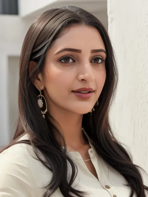 hires close up photo of trdi woman, outdoors, realistic skin texture, looking looking at camera, (salwar_kameez:1.2), simple white stucco background, black hair <lora:trdi_Tripti_Dimri_SD15_LoHa:0.7>