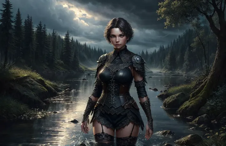 (darkening sky:1.3), highly detailed, concept art illustration, (finely detailed beautiful eyes and detailed face), skill, anti-aliasing, extremely clear, gills <lora:deepone-beta1-000012:1.2>, black stockings, Israeli woman, water, forest, short hair