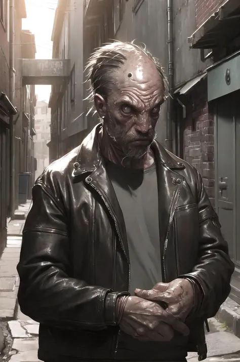 masterpiece, best quality, a male(deep1hybrid:1.3) worker in an alleyway, portrait, outdoors, leather jacket, large eyes, gills, upper body, tattered hair, bulbous face <lora:deepone-beta1-000012:1.2>