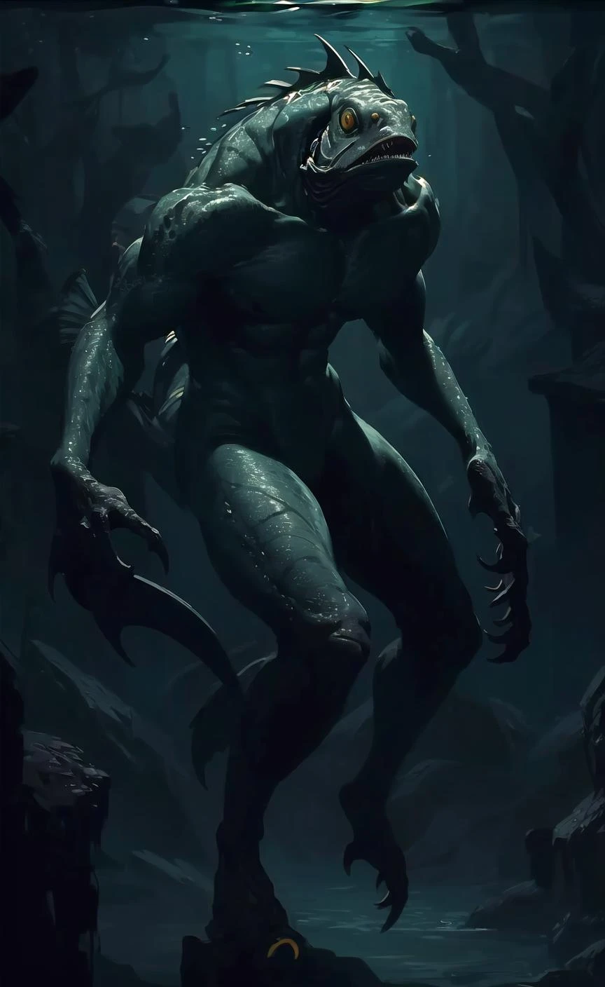 masterpiece, best quality, a (deep1full) swimming underwater, green hue, teeth, yellow eyes <lora:deepone-beta1-000012:1>