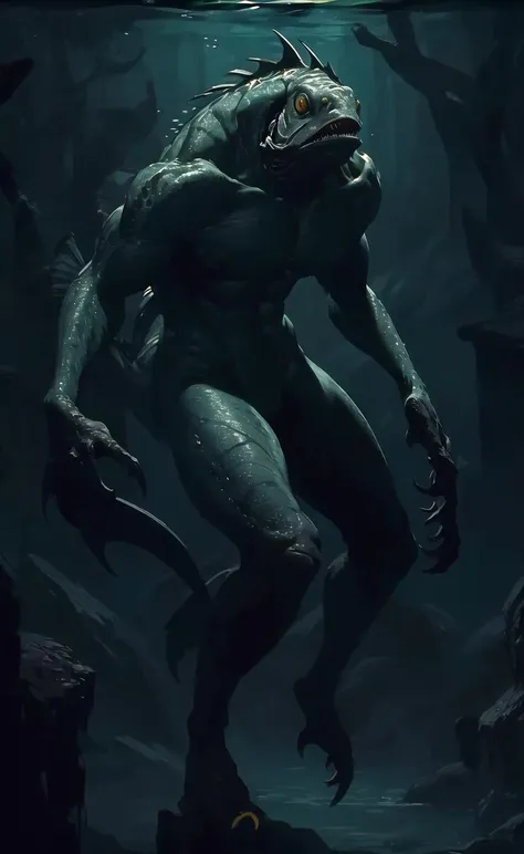 masterpiece, best quality, a (deep1full) swimming underwater, green hue, teeth, yellow eyes <lora:deepone-beta1-000012:1>