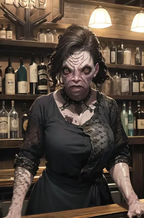 masterpiece, best quality, a female (deep1hybrid:1.3) bartender standing behind a bar, portrait, indoors, black dress, large eyes, gills, upper body, tattered hair, bulbous face <lora:deepone-beta1-000012:1.2>
