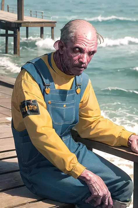 masterpiece, best quality, a male (deep1hybrid:1.3) fisherman sitting on a bench on a pier, portrait, sunny day, yellow rubber jacket, overalls, large eyes, gills <lora:deepone-beta1-000012:1.2>