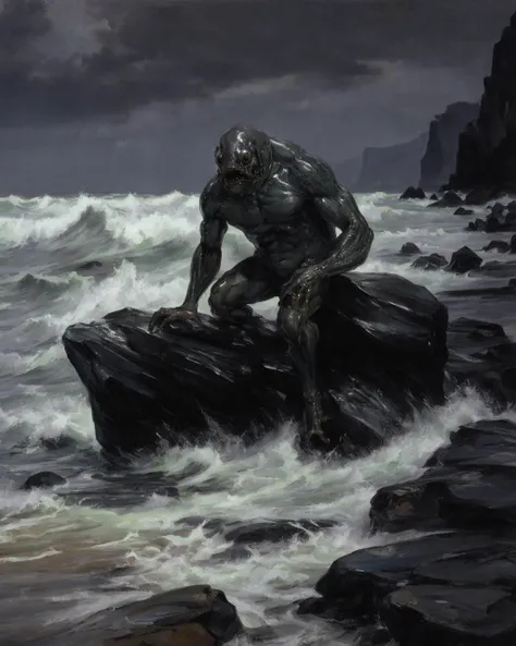 a painting of a deep1full on a rock at sea in a storm at night, oil painting, fechin, <lora:fechin:0.6>, <lora:calmArtistStyleLORA_v09:0.3>, calmartist, by tomas duchek <lora:tomas-duchek:0.5>, <lora:deepone-beta1-000012:1>, <lora:LowRA:0.3>, moody, gloomy, gills, fish man, decrepit
