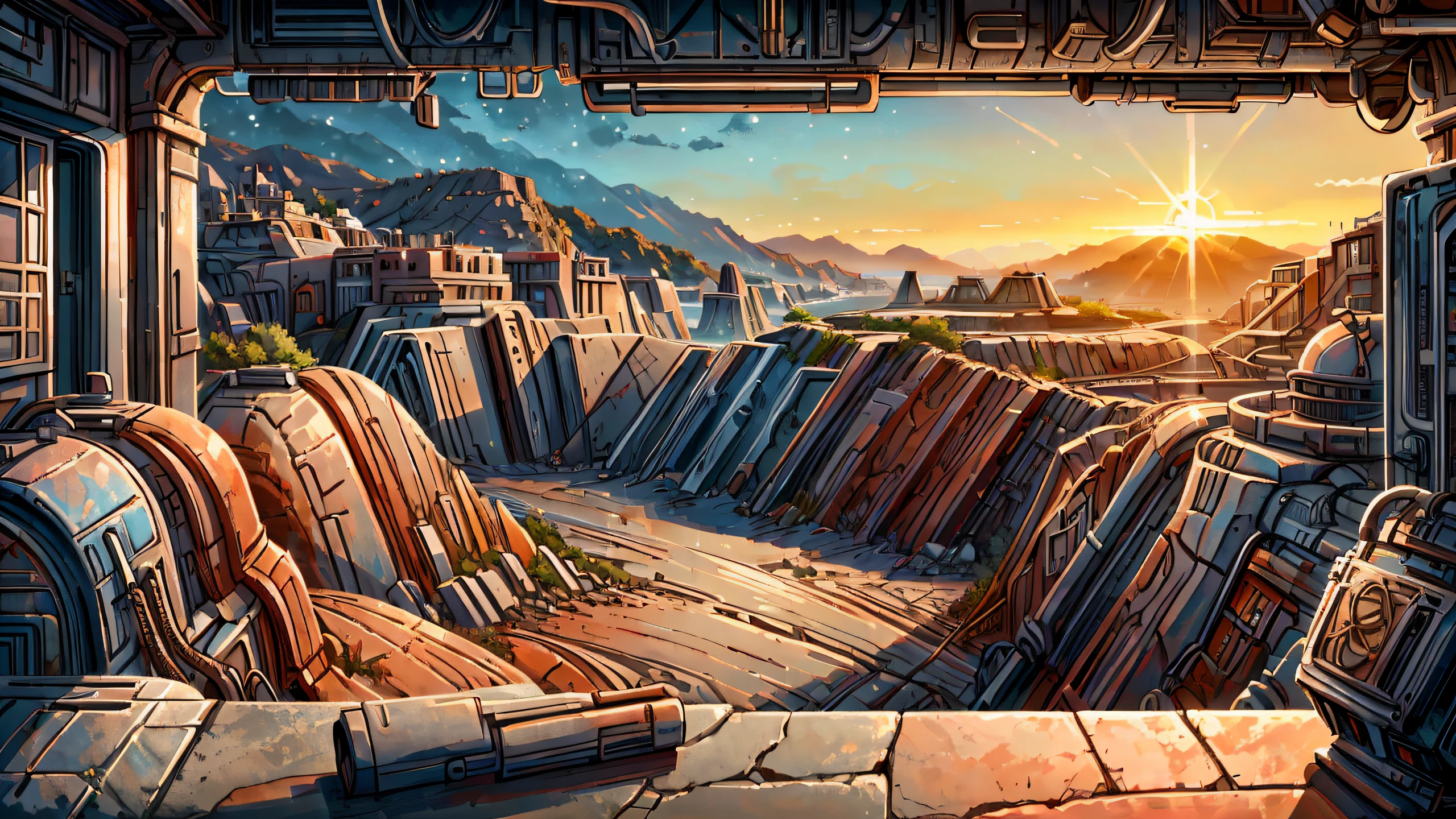 (masterpiece, best quality:1.10), cartoony background scenery, bright colors, <lora:Background_Detail_v3:0.61> <lora:Detailed_Places_R-128_v1:0.51>, (<lora:OxideTech:0.6>, junker,   oxidetech) dry quarry landscape ,golden hour sunset , joyful and lively scenery  ,Framing composition [[<lora:PastTech:0.6>,  transparent, plasttech]]