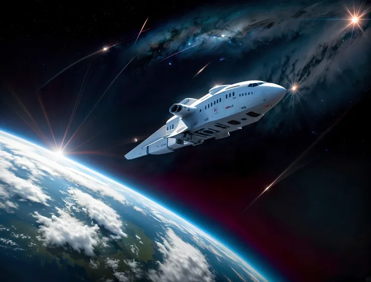 cinematic photo of White spaceship flying away from earth, side view, space, earth, high speed, HD, 4k, high quality, best quality, Cinematic, photograph,  <lora:add_detail:0.8> <lora:Detailed_Places_R-128_v1:0.8> <lora:epi_noiseoffset2:0.8>, 35mm photograph, film, bokeh, professional, 4k, highly detailed