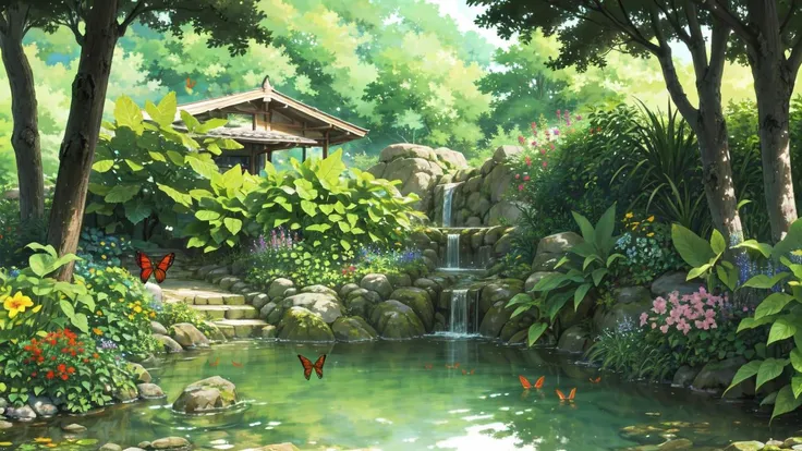 (masterpiece, best quality:1.2), outdoors, butterfly garden, butterflies, flowers, plants, trees, serene, fluttering wings, colorful blooms, lush greenery, natural habitat, peaceful oasis, delicate creatures