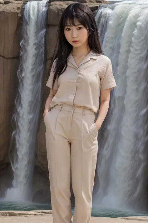 <lora:sora_izumi_obj20:0.7>, full_body, standing, sandals, (shirt), pants, (niagara falls), (sora_izumi: 1.2), perfect face, (contact iris: 1.1), pale skin, skin pores , depth of field