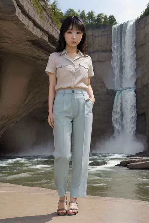 <lora:sora_izumi_obj20:0.7>, full_body, standing, sandals, (shirt), pants, (niagara falls), (sora_izumi: 1.2), perfect face, (contact iris: 1.1), pale skin, skin pores , depth of field