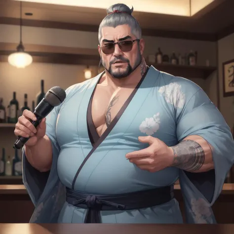 ((best quality)), ((masterpiece)), ((highly detailed)), ((ultra-detailed)), ((illustration)), ((handsome)), ((male)), upper body view, ((fat)), ((sumo wrestler)), (old_man), (gray_hair), (man_bun), ((muscular)), (sunglasses), goatee, ((fancy blue open kimono)), dragon print, (mawashi), (yakuza tattoos), (singing), (holding a microphone), ((in a bar)) <lora:more_details:0.3>
