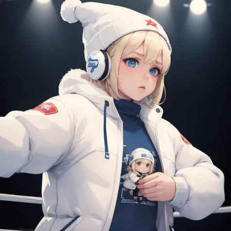 ((best quality)), ((masterpiece)), ((highly detailed)), ((ultra-detailed)), ((illustration)), ((beautiful)), ((realistic)), ((girl)), ((white parka)), ((white beanie)), (blue jeans), white earmuffs, (petite), ((blonde hair)), (short hair), (blue eyes), big eyes, ((cute)), ((wholesome)), ((short)), chubby, angry, ((in a wrestling ring))