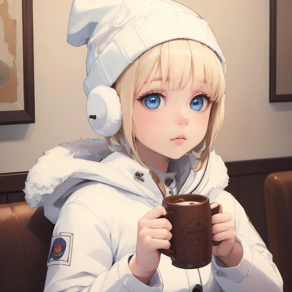 ((best quality)), ((masterpiece)), ((highly detailed)), ((ultra-detailed)), ((illustration)), ((beautiful)), ((realistic)), upper body view, ((girl)), ((white parka)), ((white beanie)), (blue jeans), white earmuffs, (petite), ((blonde hair)), (short hair), (blue eyes), big eyes, ((cute)), ((wholesome)), ((short)), chubby, sad, (holding a mug of cocoa), ((in a fancy restaurant))