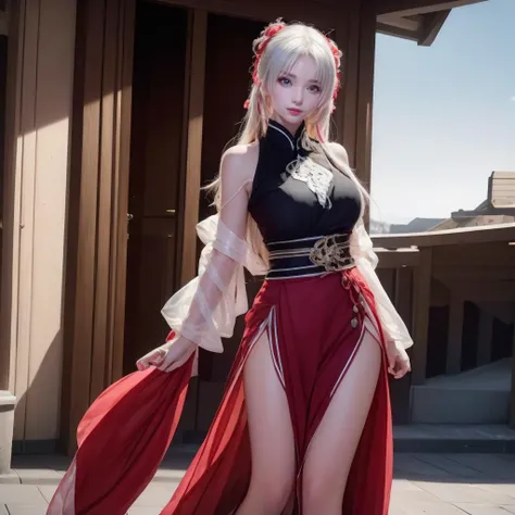 face lighting,bright backlight,super high resolution,best quality,Photos,4k,bzh,1girl,detached sleeves,solo,dress,white hair,long hair,(black eye:1.2),red dress,(the whole body:1.5),looking at viewer,
<lora:bzh-4:0.8>,