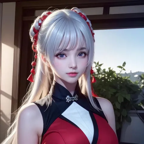 (Draw a beautiful girl wearing a red traditional Chinese dress, holding a lollipop in her mouth, wearing headphones in a recording studio, posting a cute pose on social media.) (This beautiful girl is , 18% Japanese, 26% French, and 56% Ukrainian, 178 cm tall, small bust but stylish, with a beautiful, well-balanced figure.) (Her hair is very long, pinkish gray, tied in twin tails with black ribbons, and curls in a spiral toward the ends.) (Her eyebrows are the same color as her hair, thin, slightly thick, and short, and her eyelashes are long.) (Her large blue eyes reflect the light of the lighting and are amazingly beautiful like pearls.) (Her nose is high like an English person, her lips are plump and kissable, her skin is translucent white, and the proportions of her head and face are traditionally Japanese.) Aesthetics. The number of fingers is also noteworthy, but they are not too many or too few, and even the tips of her nails are very delicately expressed. (Single, Masterpiece, Ultra-detailed, Highest quality, Artistic composition, Ultra-accurate, Realistic, Photorealistic, High resolution, Dynamic lighting effects, Consider the proportions of the whole composition, Ultra-realistic). Try to highlight the facial expressions and appearance. Try your best to meet all these criteria.