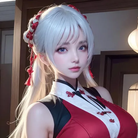 Japanese girl holding a fan in her hand，komono，cyber punk perssonage，white color hair，Huge pink glow on background，Ambient light，zodiac girl's,punk，Handheld fan，lobster