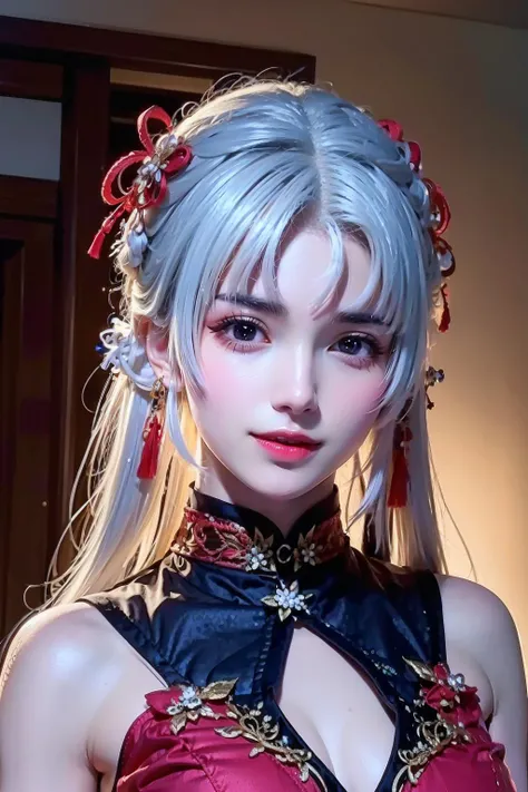 face lighting,bright backlight,super high resolution,best quality,Photos,4k,(Realistic:1.2),bzh,1girl,solo,hair ornament,looking at viewer,long hair,red dress,watching the audience,hair ornaments,white hair,lips,belt,sleeveless,(the whole body:1.2),thigh,
<lora:bzh_05:0.8>,