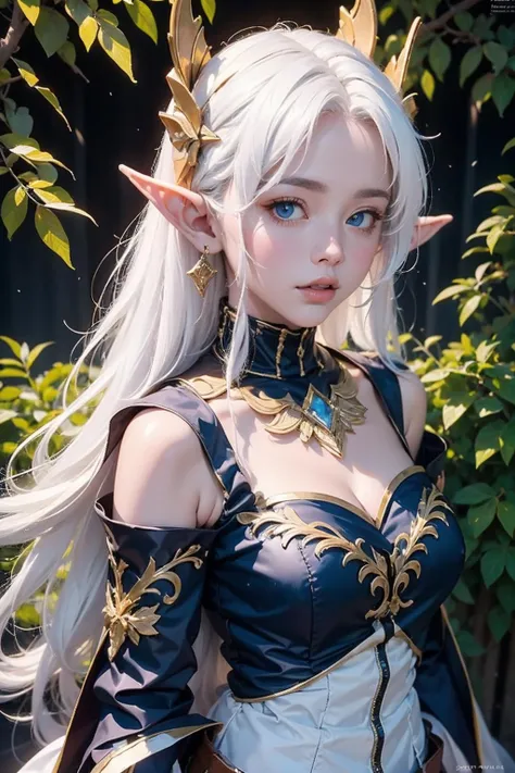 <lora:bzh_30:0.7>,dress,super high resolution,best quality,Photos,4k,(Realistic:1.2),bzh,1girl,white hair,long hair,blue_eyes,pointy_ears,hair_ornament,elf,