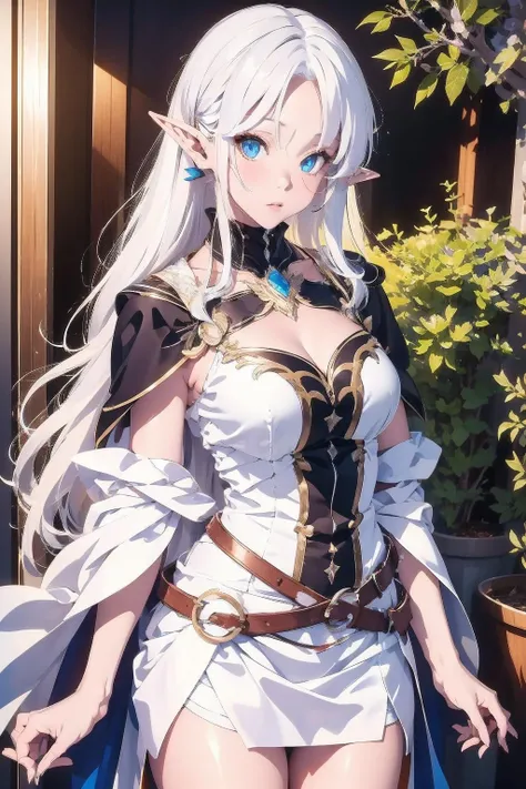 Highest quality、4K、masterpiece、Wonderful landscape、Hills covered with flowers、Beautiful Elf Girl(Wizard Robe、Tattoos on the body:9.5、Gray Hair、Very long hair)