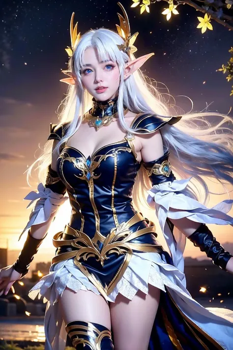masterpiece,best quality,ultra-detailed,very detailed illustrations,extremely detailed,intricate details,highres,super complex details,extremely detailed 8k cg wallpaper,cowboy shot, caustics,reflection,ray tracing,demontheme,nebula,dark aura,cyber effect, (1girl:1.4),solo,alone,mecha musume,mechanical parts, robot joints,single mechanical arm, headgear, mechanical halo,star halo,intricate mechanical bodysuit, mecha corset, kimono, full armor, very long hair,white hair, hair between eyes, multicolored hair, colored inner hair, red eyes,glowing eye,eye trail, random expressions,random action, ancient japanese architecture,pond, starry sky,skyline,