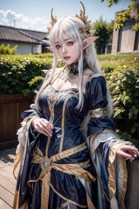 <lora:bzh_30:0.7>,dress,super high resolution,best quality,Photos,4k,(Realistic:1.2),bzh,1girl,white hair,long hair,blue_eyes,pointy_ears,hair_ornament,elf,