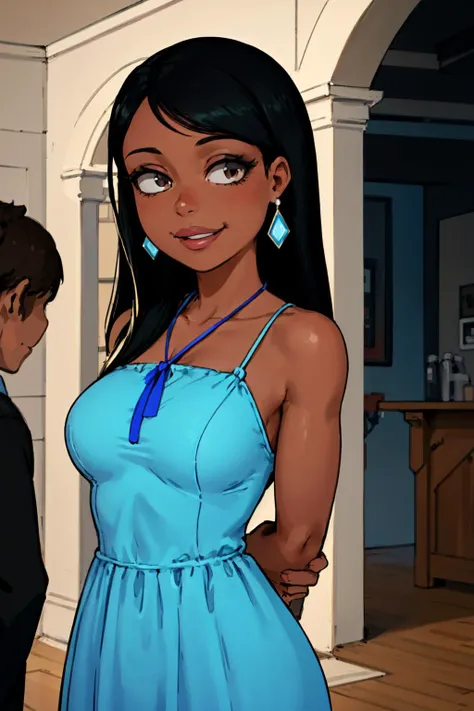 roberta, dark-skinned female, lips, 1girl, dark skin, black hair, long hair,blue dress, solo, breasts,,upper body,looking at viewer, smile, standing, two-tone hair,earrings, jewelry,arms behind back, <lora:Roberta(1.0):0.6> high quality, masterpiece,
