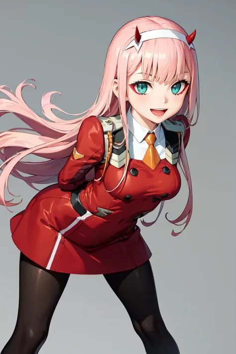 masterpiece, best quality, absurdres, perfect anatomy, 1girl, solo, zerotwo, horns, hairband, necktie, red dress, pantyhose, arms behind back, leaning forward, smile, :d, <lora:zerotwo-nvwls-v1:1>