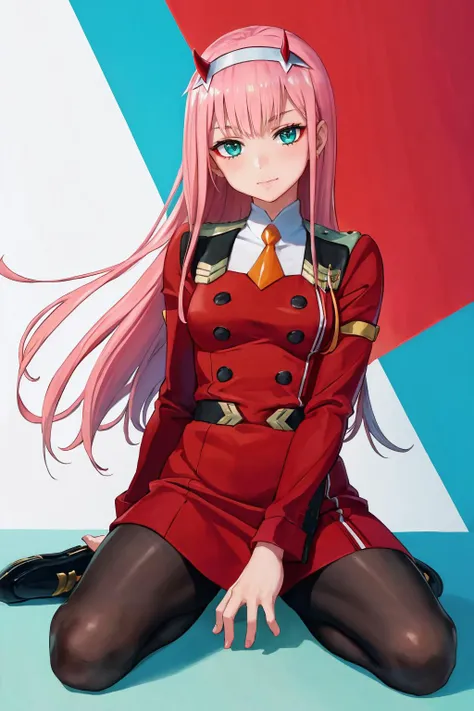 masterpiece, best quality, 1girl, solo, <lora:zerotwo-nvwls-v1:1> zerotwo, horns, hairband, necktie, red dress, pantyhose, wariza, sitting