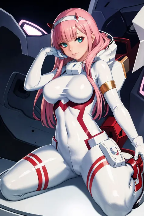 masterpiece, best quality, 1girl, solo, <lora:zerotwo-nvwls-v1:1> zerotwo, horns, hairband, white bodysuit, white gloves, mecha, wariza, sitting