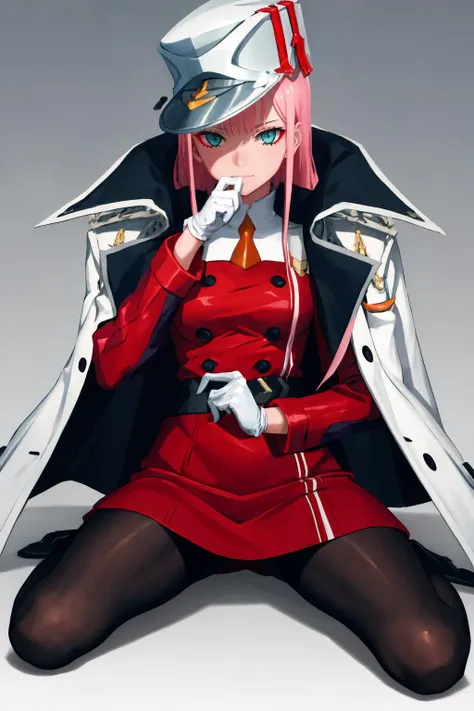 masterpiece, best quality, 1girl, solo, <lora:zerotwo-nvwls-v1:1> zerotwo, peaked cap, red dress, white gloves, jacket on shoulders, pantyhose, wariza, sitting