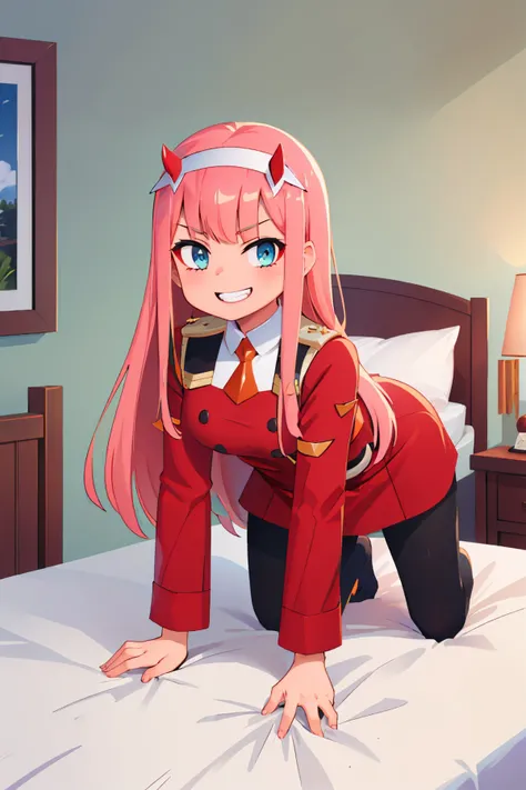 (masterpiece, best quality:1.2), solo, 1girl, zerotwo, grin, looking at viewer, all fours, v-shaped eyebrows, horns, hairband, necktie, red dress, pantyhose, bed <lora:zerotwo-nvwls-v1:1.0>