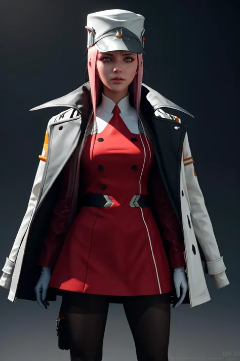 zerotwo,lpeaked cap,red dress,white gloves,jacket on shoulders,pantyhose,<lora:zerotwo-nvwls-v1:1>,(masterpiece, best quality:1.2) octane render,8k, trending on artstation, volumetric lighting, 3D